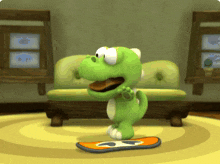 a green cartoon character is standing on a snowboard with the letter g on it