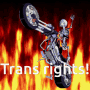 A skeleton riding a motorcycle in front of a black, fiery background. White text overtop of the image reads 'Trans Rights!'