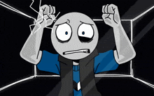 a cartoon character with a blue shirt and a black vest is standing in a dark room
