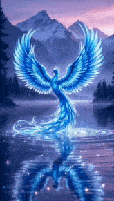 a blue phoenix is sitting on top of a body of water .