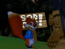 a cartoon squirrel is standing in front of a sign that says " top "
