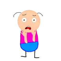 a cartoon character with a surprised look on his face is wearing a pink shirt and blue shorts