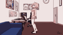 a cartoon of a girl dancing in a room with a clock on the wall that shows the time as 4:20