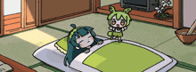 a cartoon of a girl laying on a bed with a green blanket