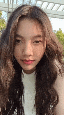 a close up of a girl 's face with long hair