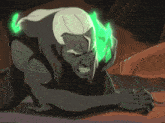 a cartoon character has a green flame around his neck