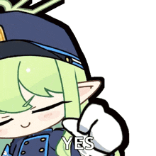 a cartoon character with green hair is giving a thumbs up and saying yes .