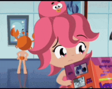 a cartoon of a girl with pink hair holding a book
