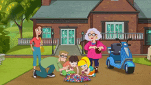 a cartoon of a family in front of a house with a blue scooter