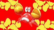 a red crab with big eyes is on a red background with yellow fish silhouettes