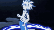 a boy with white hair and blue shorts stands in front of a blue lightning bolt