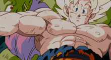 a close up of a cartoon character 's torso with a purple shirt on