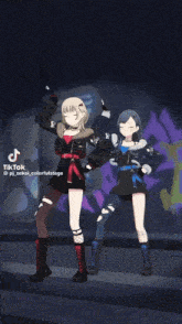 two anime girls are standing next to each other with tiktok written below them