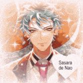 a close up of a man with a heart that says sasara de nao on it