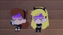 a cartoon of a boy and a girl with a purple face
