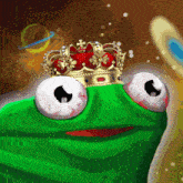 a green frog wearing a gold crown with a cross on it