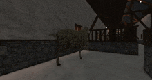 a sheep is standing in a stone building