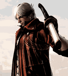 a man in a leather jacket is holding a large sword over his shoulder