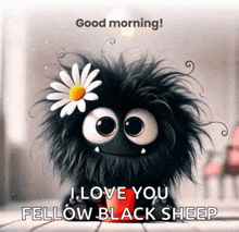a cartoon monster with a daisy on its head says good morning