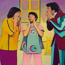 a cartoon of a man and two women talking to a girl in a colorful dress