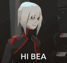 a pixel art of a girl saying hi bea in a dark room .