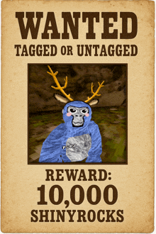 a wanted poster for shinyrocks with a blue monster on it