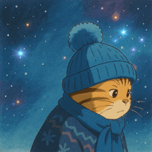 a cat is wearing a blue hat and scarf