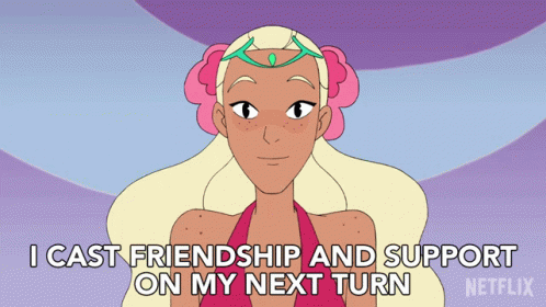 Gif from Netflix's She-ra showing Perfuma subtitled 'I cast friendship and support on my next turn'