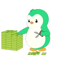 a cartoon penguin is cutting a stack of money with a pair of scissors