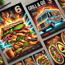 a poster for a grill and go event with a food truck