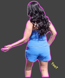 a woman in blue shorts with the word toot on the bottom right