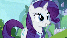 a cartoon pony with a purple mane and tail is smiling