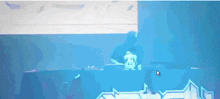 a blue background with a white arrow pointing to a person