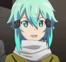 a girl with green hair and blue eyes is wearing headphones and a scarf around her neck