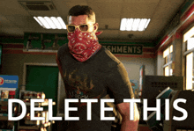 a man wearing sunglasses and a bandana on his face stands in front of a sign that says shments