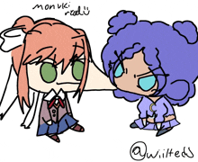 a drawing of a girl with a purple hair and the name @wilteds on the bottom right