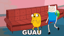 a cartoon character is standing next to a couch and the word guau is on the bottom