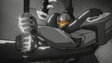 a black and white drawing of a robot with a sword in its hand