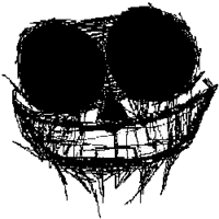 a black and white drawing of a skull with a huge smile on it .