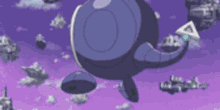 a cartoon character is flying through the air with a purple sky in the background .