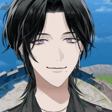 a man with black hair and purple eyes smiles for the camera