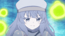 a girl with long gray hair and a white hat is looking at the camera