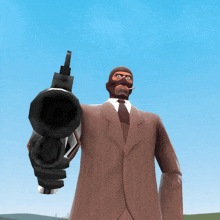 a man in a suit and tie is holding a gun in front of his face