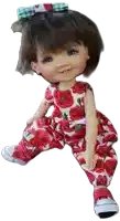 a doll is wearing a red and white floral outfit with converse shoes