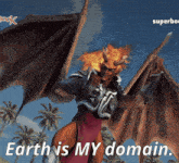 a cartoon character with flames on his head and the words " earth is my domain "