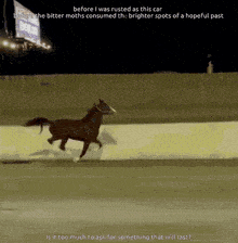 a horse is running on a track with the caption " before i was rusted as this car before the bitter moths consumed th "