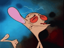 a cartoon character with red eyes and a pink ear