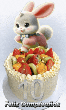 a birthday cake with a bunny on top and the number 10 on it