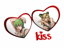 a couple of hearts with one that says kiss