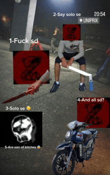 a phone screen shows a man holding a saw and a motorcycle with the time 20:54